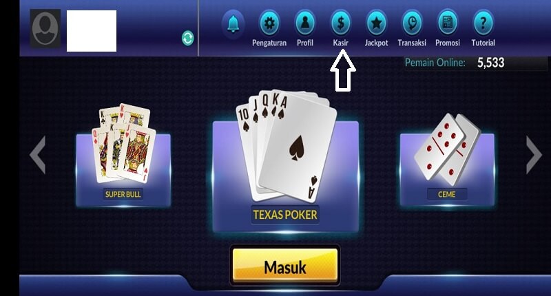 Cari Opsi "Kasir" di Halaman Utama IDN Poker APK